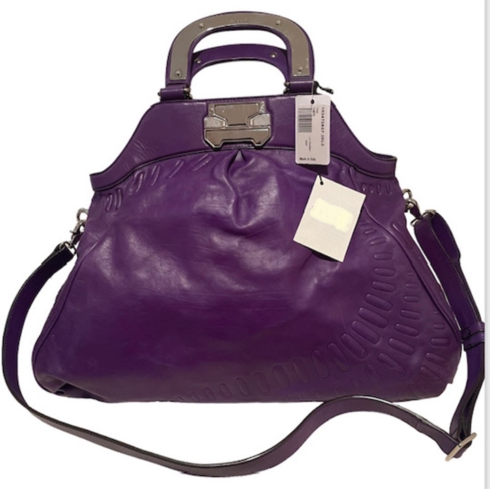 Purple leather tote handbag